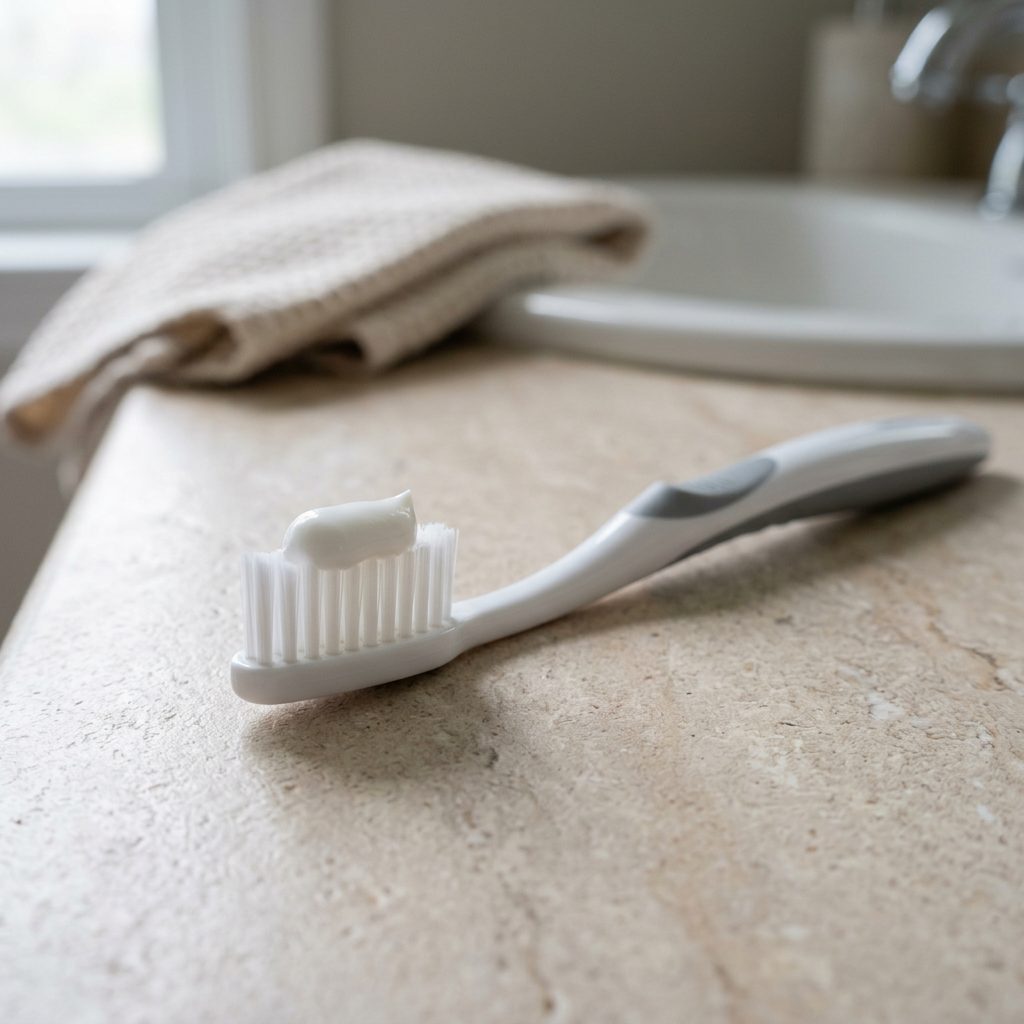 Hydroxyapatite toothpaste for sensitive teeth — tube beside a soft-bristle toothbrush on a natural wooden surface