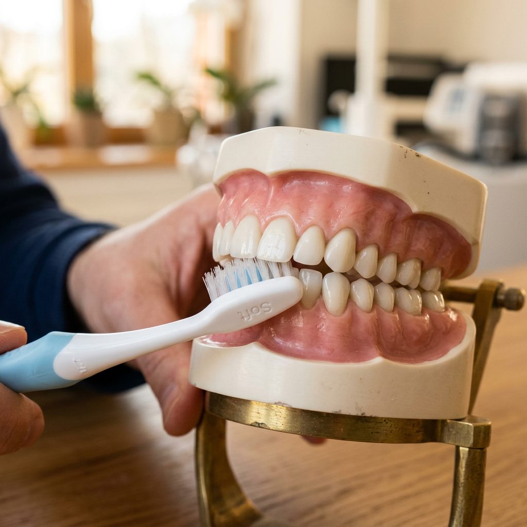 Toothbrush applying hydroxyapatite toothpaste along the gum line to protect exposed roots from receding gums