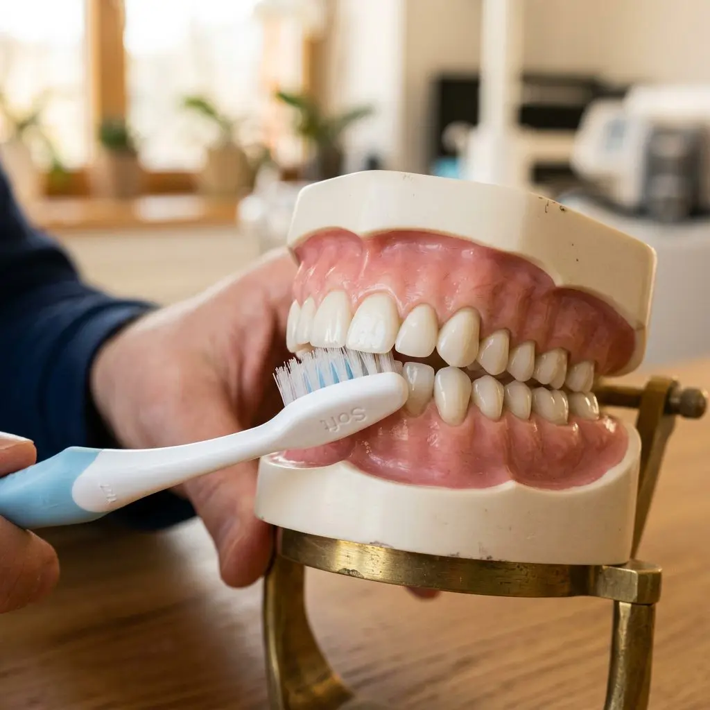 Toothbrush applying hydroxyapatite toothpaste along the gum line to protect exposed roots from receding gums
