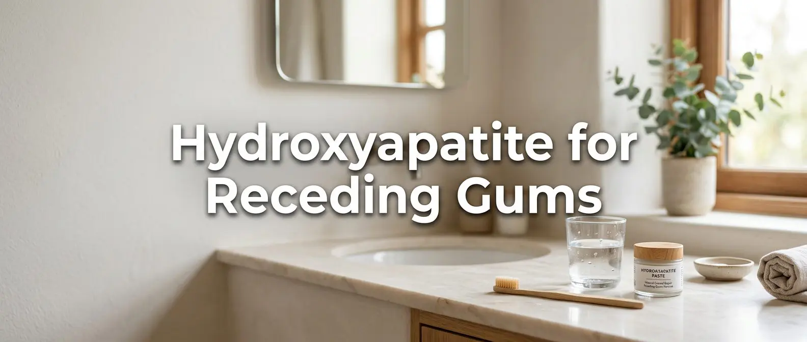 Bathroom sink with a jar of hydroxyapatite powder, a bamboo toothbrush and a glass of water