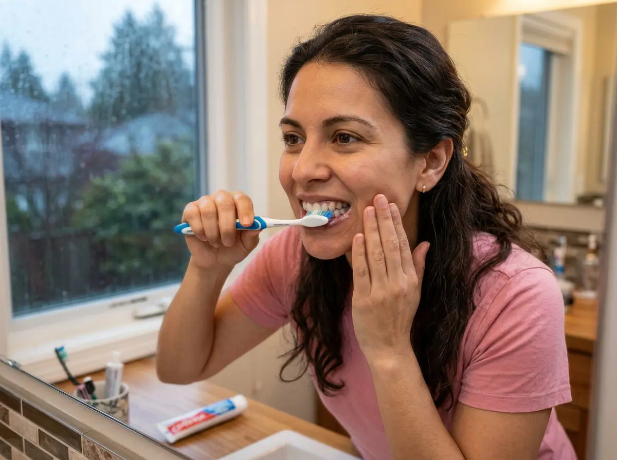 Woman brushing her teeth and touching her cheek as she checks for gum sensitivity