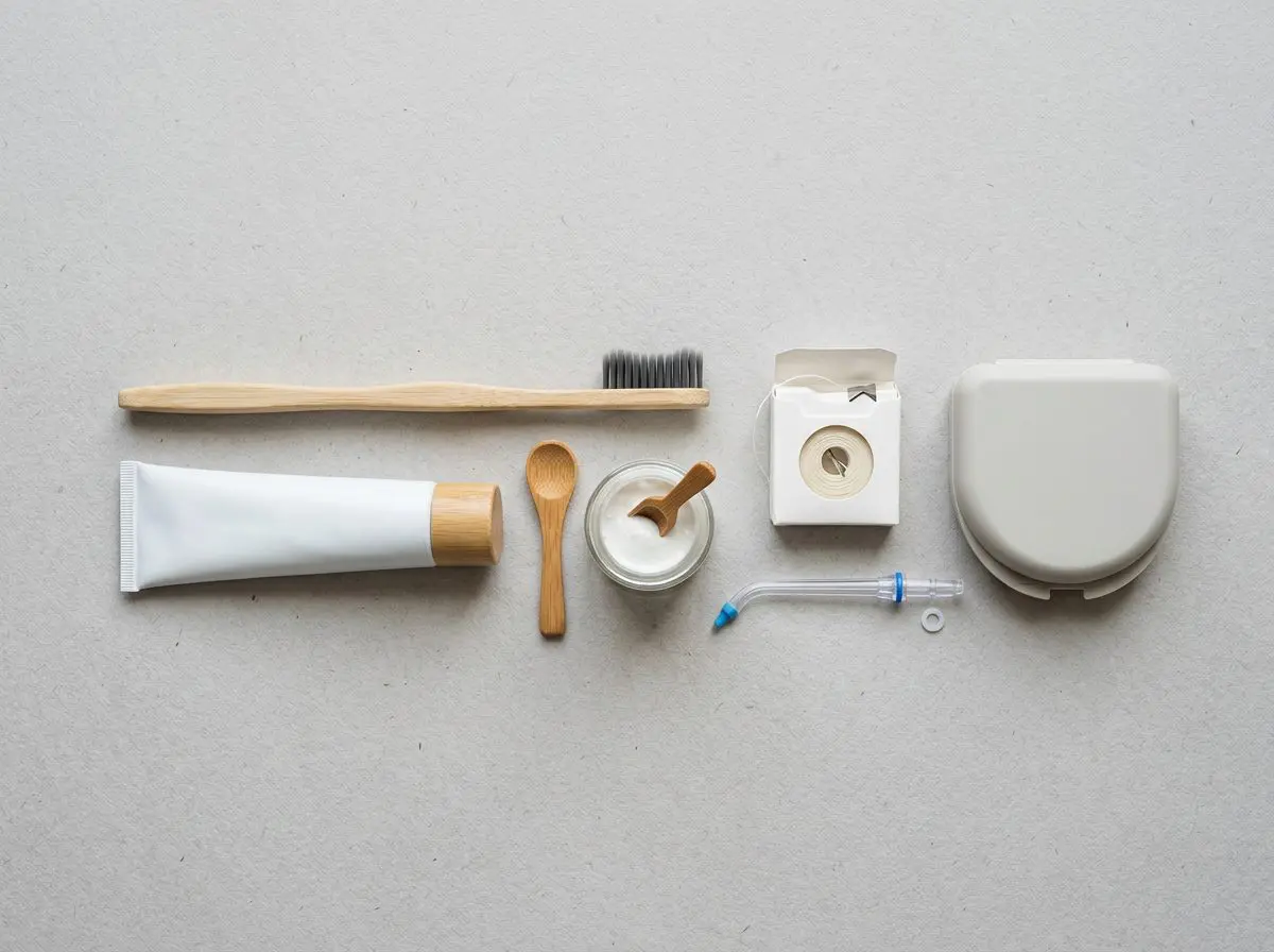Flat lay of a bamboo toothbrush, toothpaste tube, small spoon, dental floss and water flosser for a gum care routine