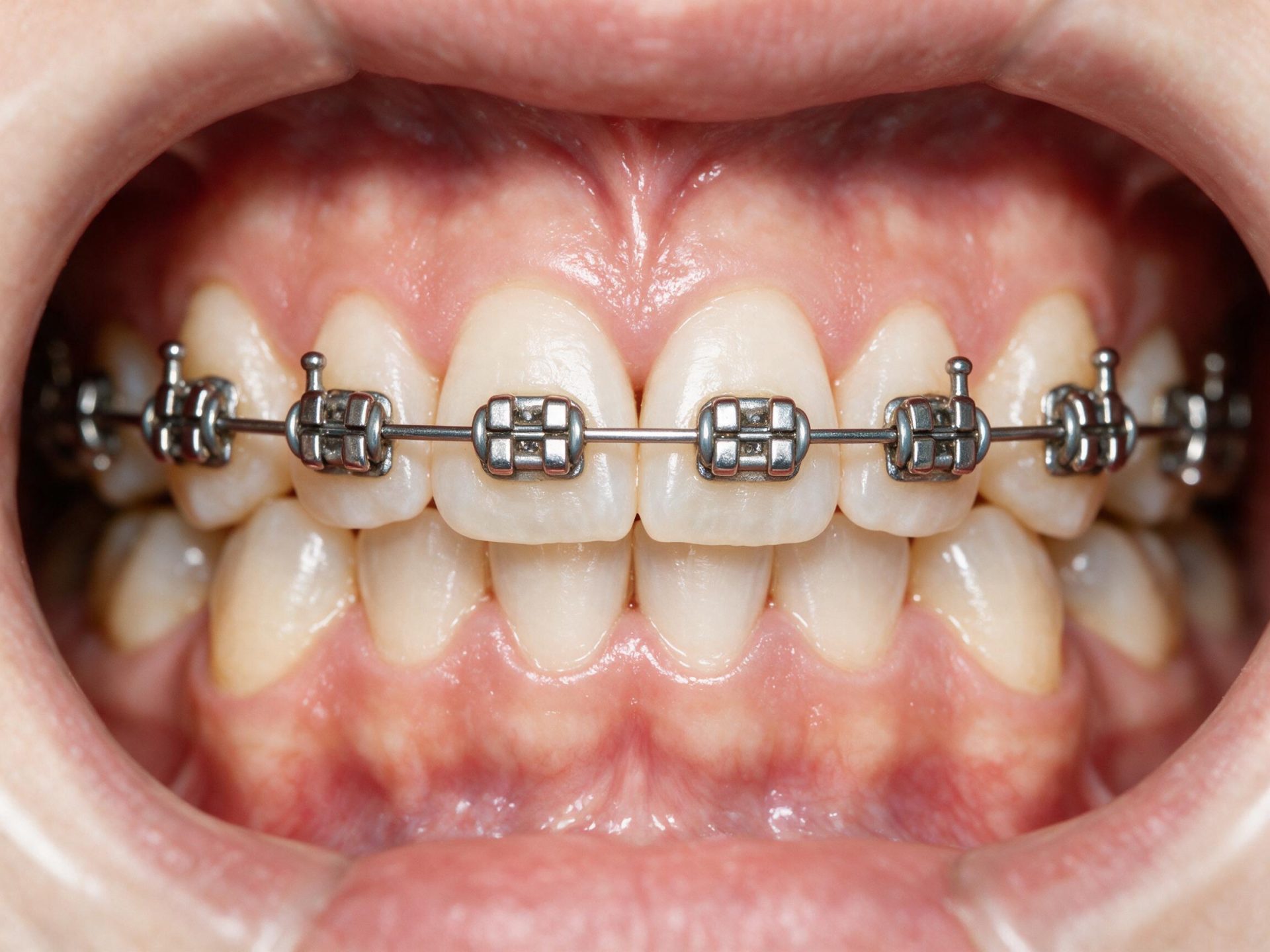Close-up of teeth with orthodontic brackets showing the enamel around the braces