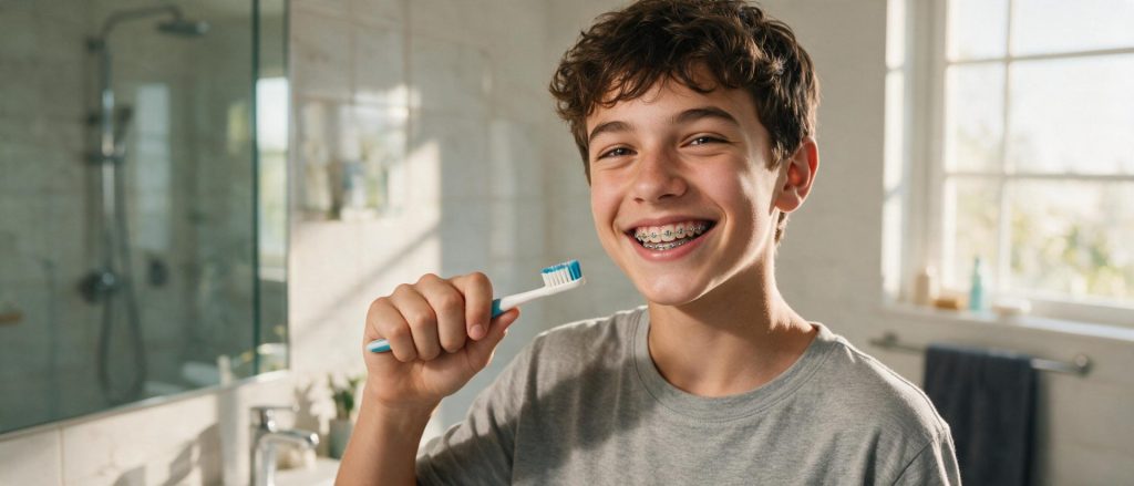 Smiling teenager with metal braces holding a toothbrush in a bright bathroom