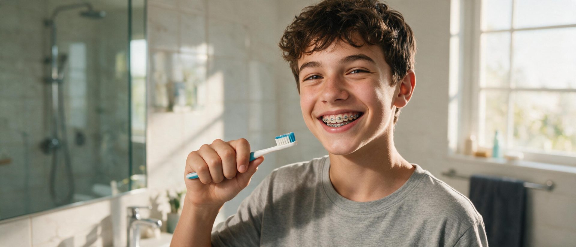 Smiling teenager with metal braces holding a toothbrush in a bright bathroom
