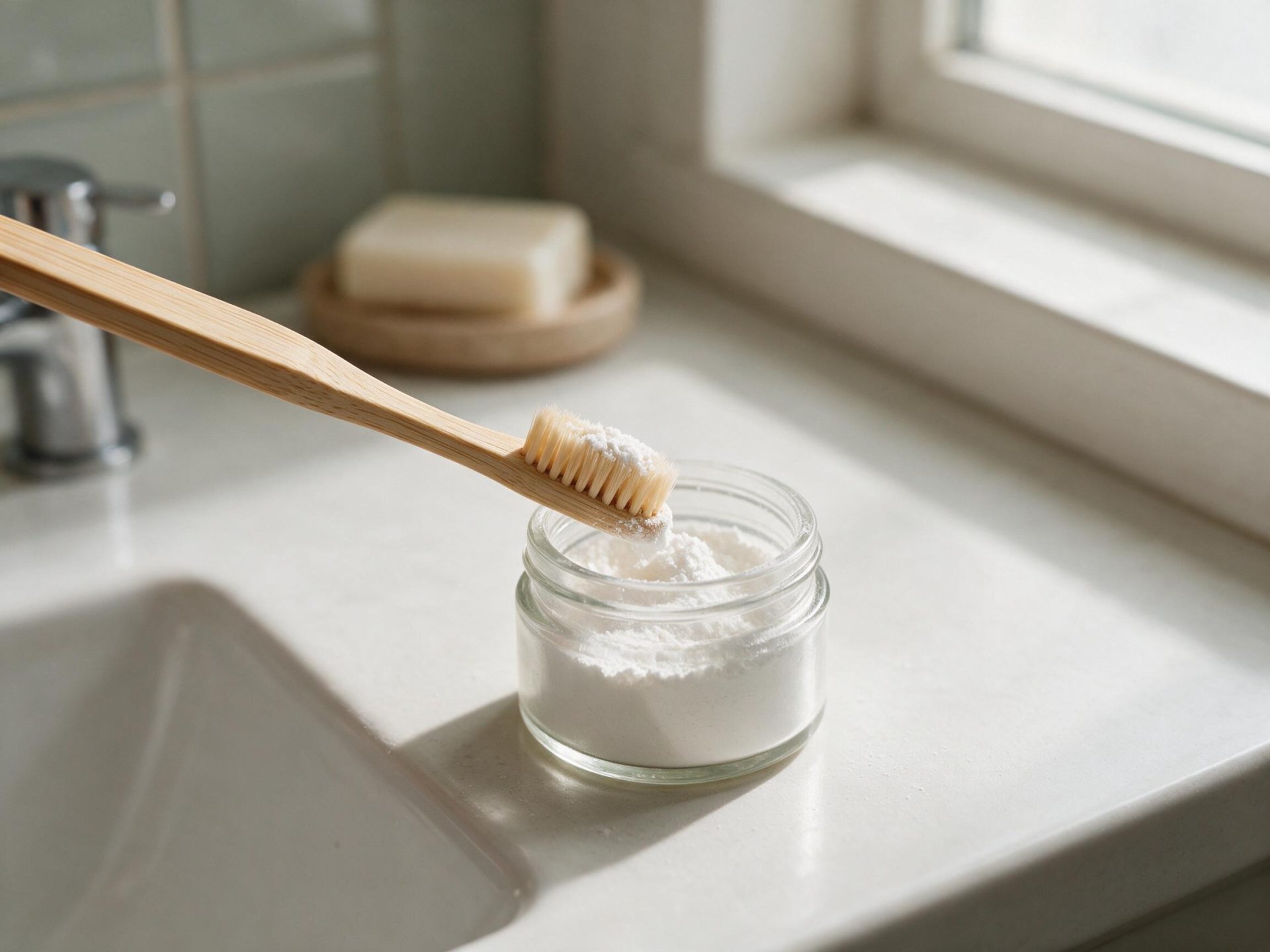 Soft bamboo toothbrush being dipped into a jar of hydroxyapatite powder