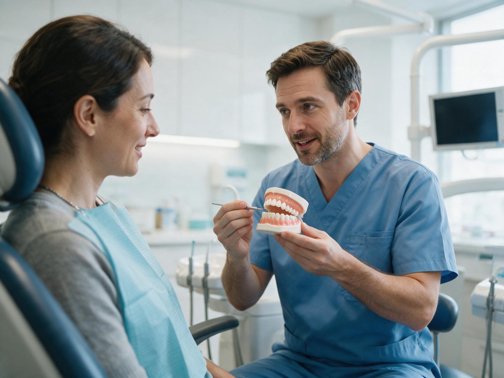 Dentist explaining enamel remineralisation to a patient using a tooth model