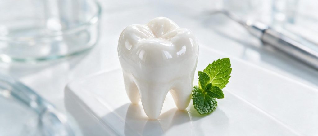 Close-up of healthy white tooth enamel with a glossy remineralised surface