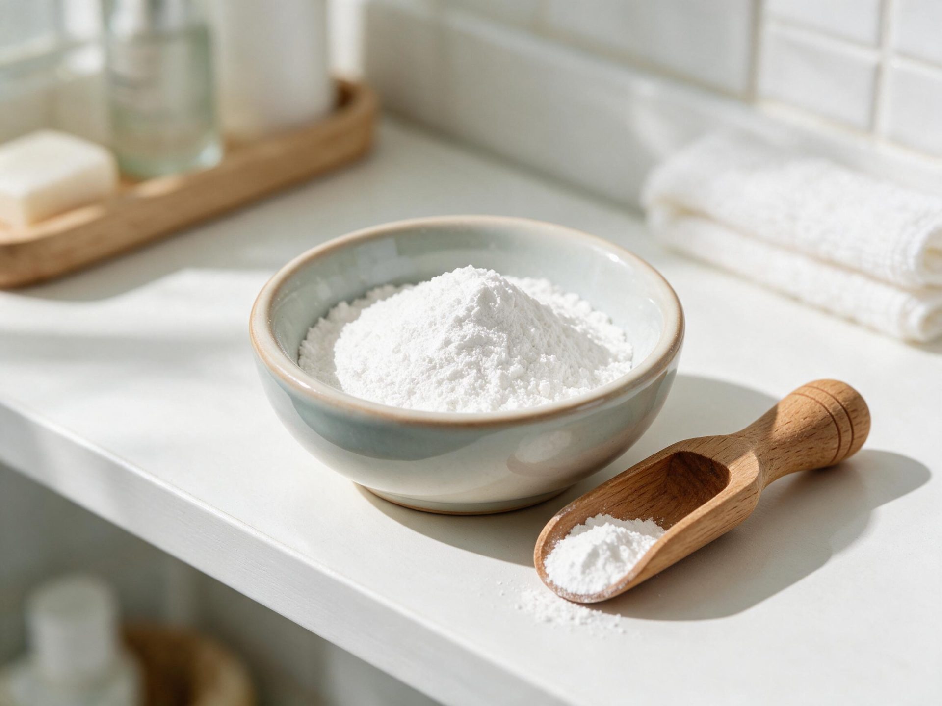 Pure white hydroxyapatite powder in a ceramic bowl with a wooden scoop