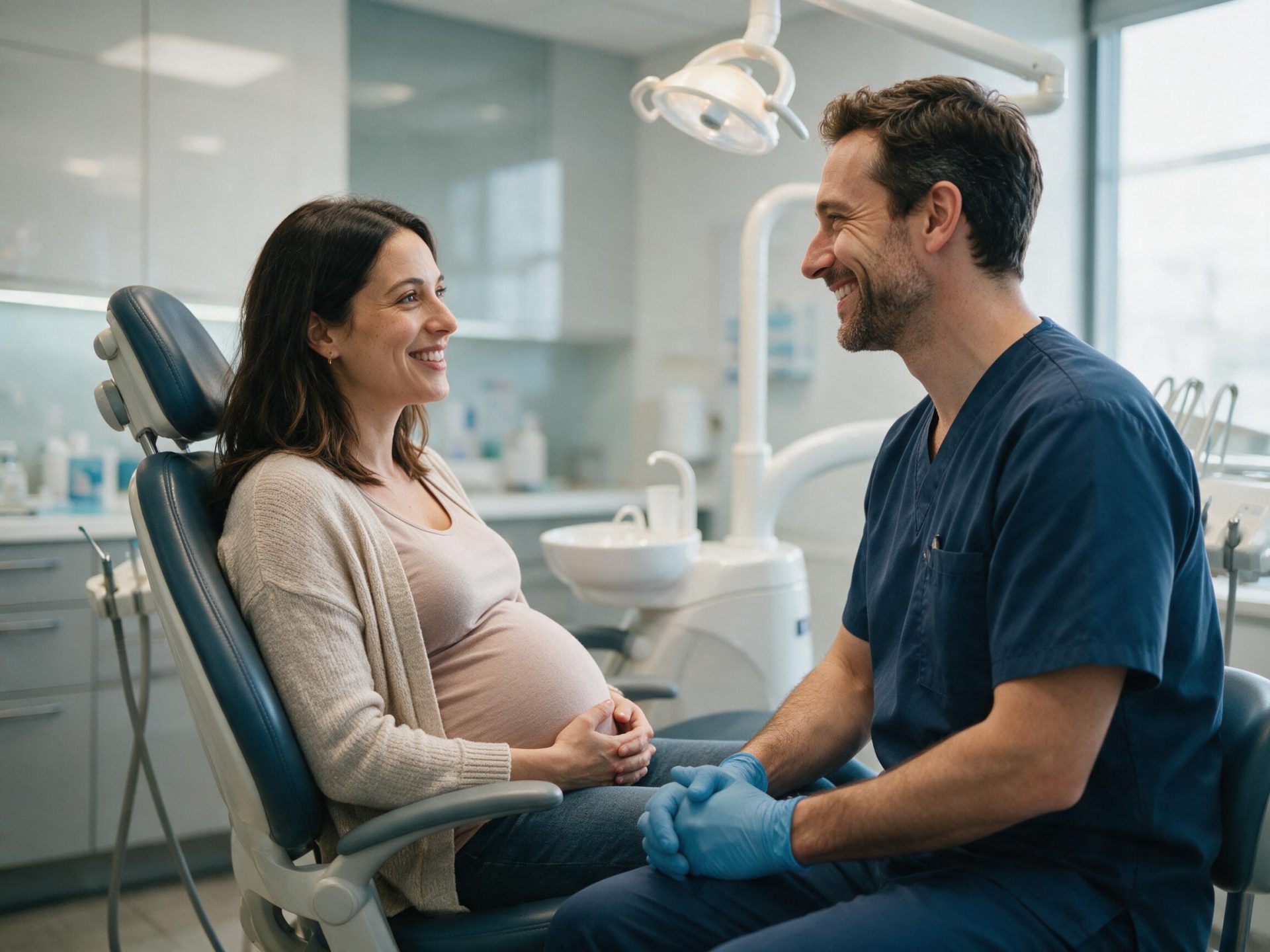 Pregnant woman discussing oral care with her dentist at a check-up