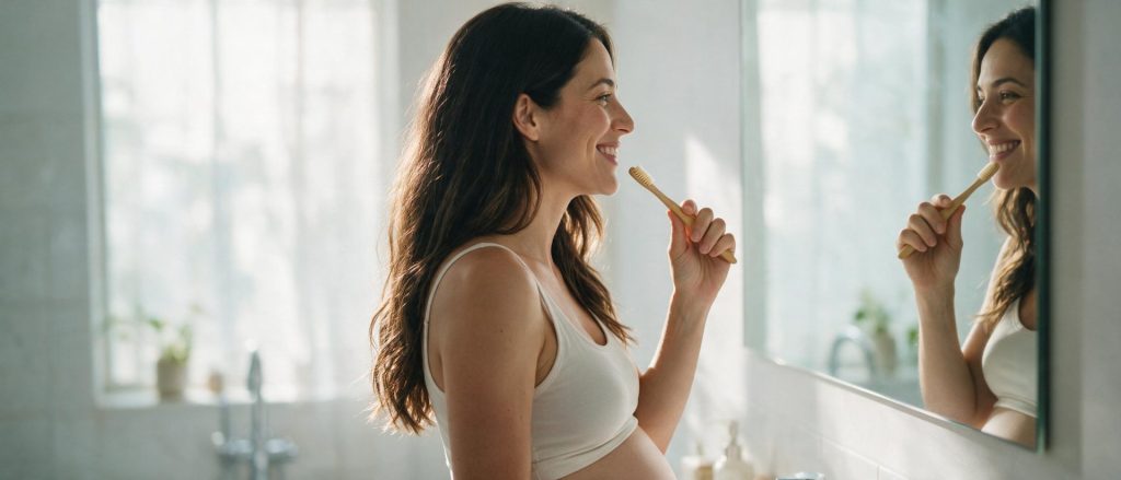 Pregnant woman brushing her teeth in a bright airy bathroom