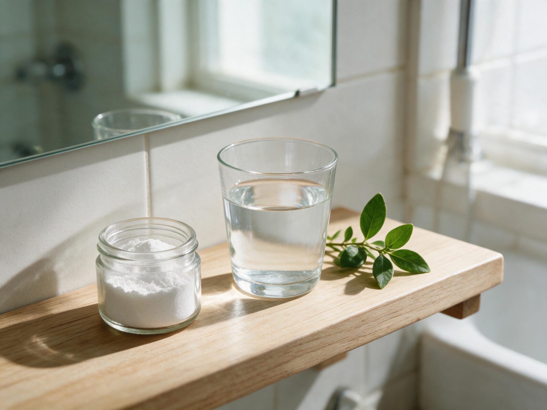 Jar of pure hydroxyapatite powder beside a glass of water on a bathroom shelf