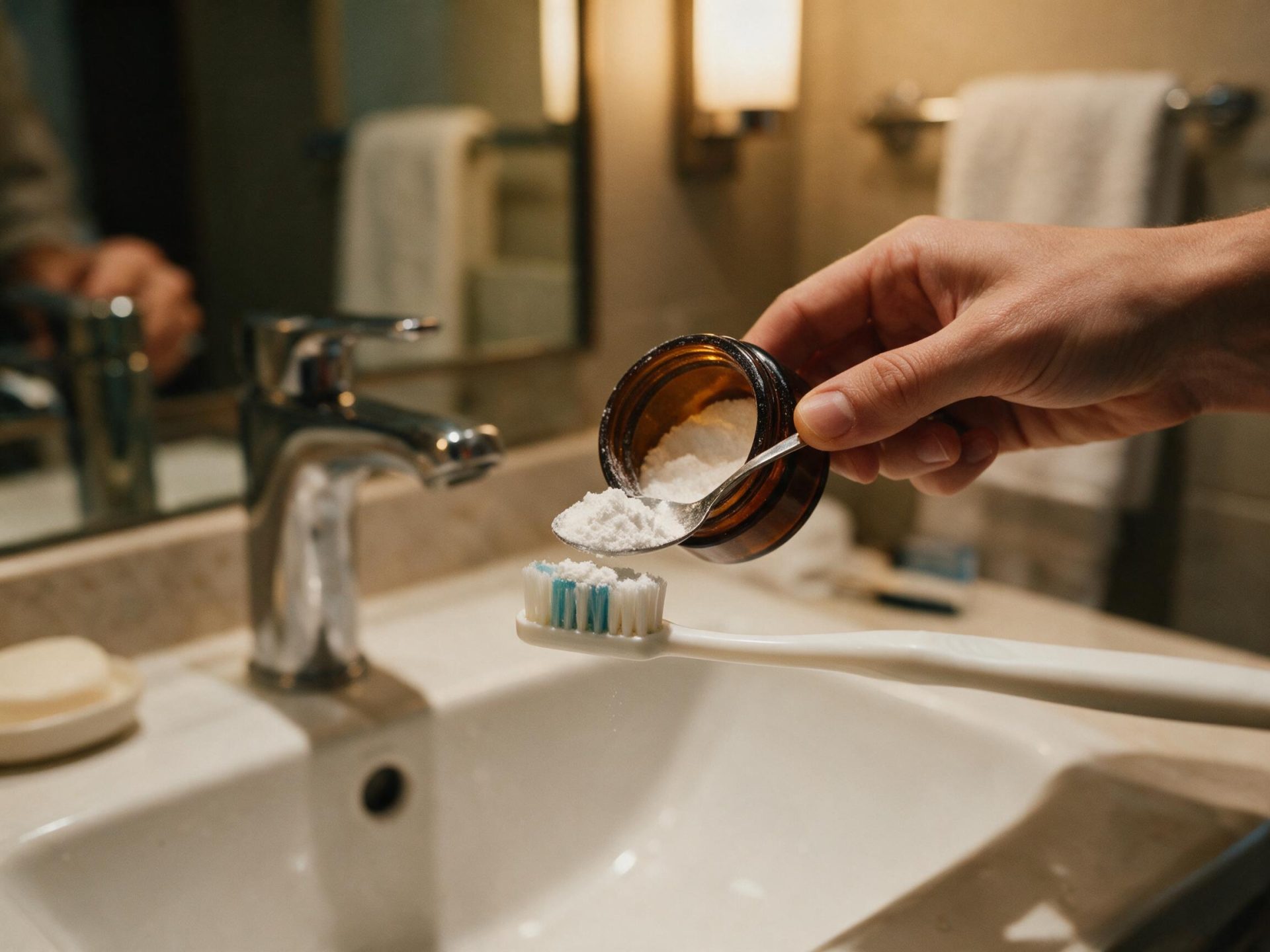Spooning hydroxyapatite powder onto a toothbrush over a hotel bathroom sink