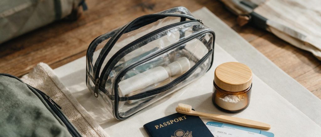 Travel flat-lay with a toiletry bag, jar of hydroxyapatite tooth powder, and passport
