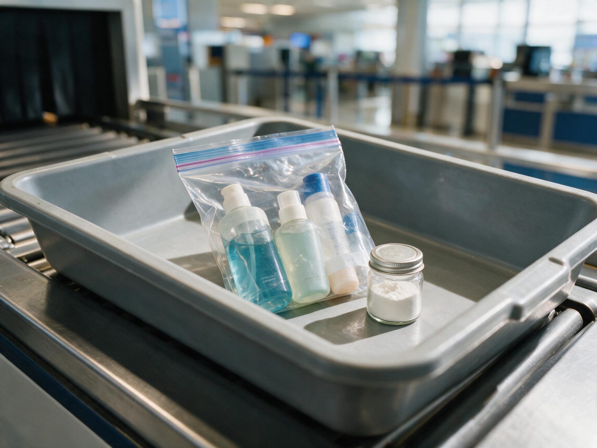 Airport security bin with a quart bag of toiletries and a small jar of tooth powder