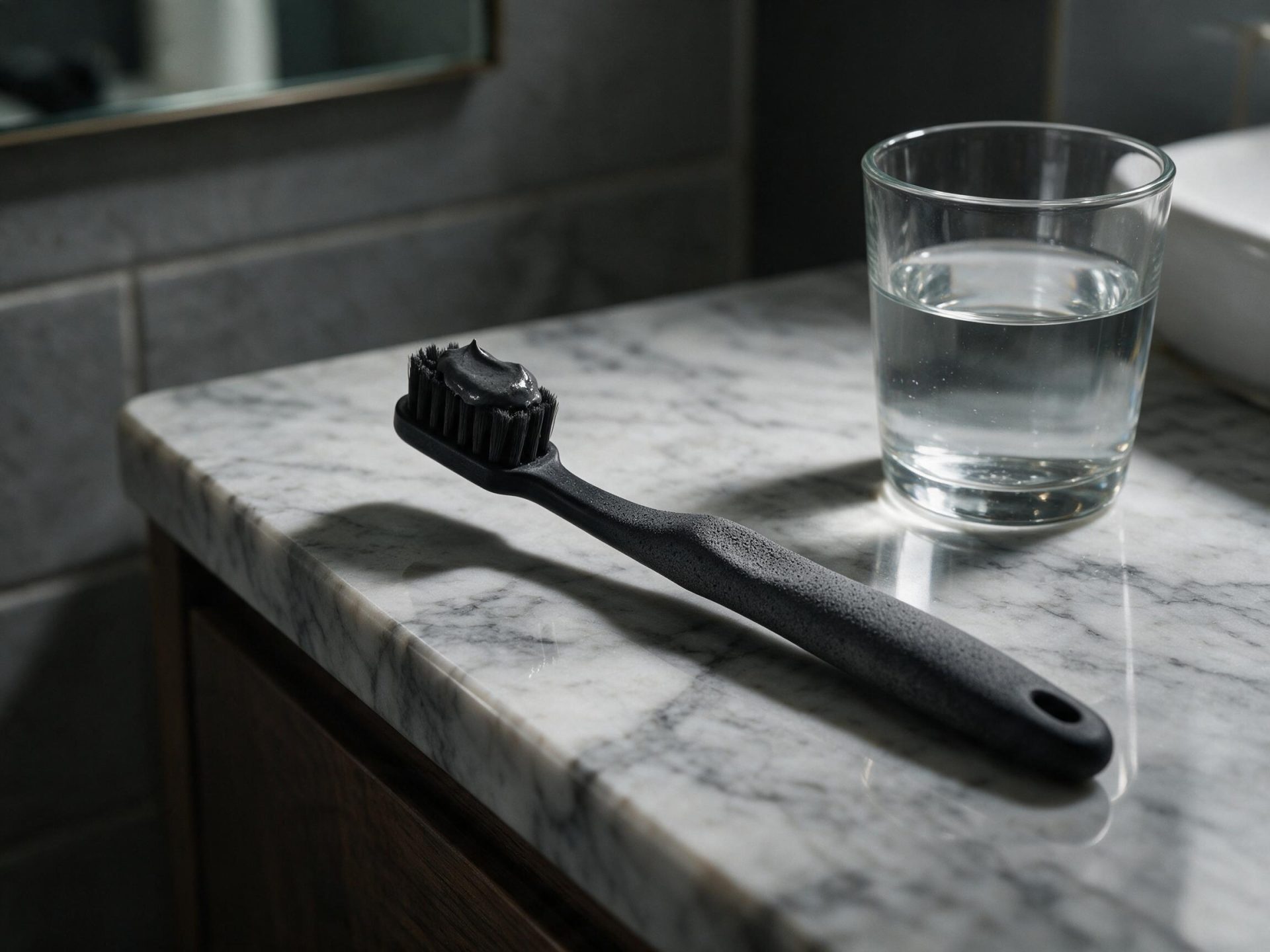 Charcoal-coated toothbrush with dark abrasive paste on a marble counter