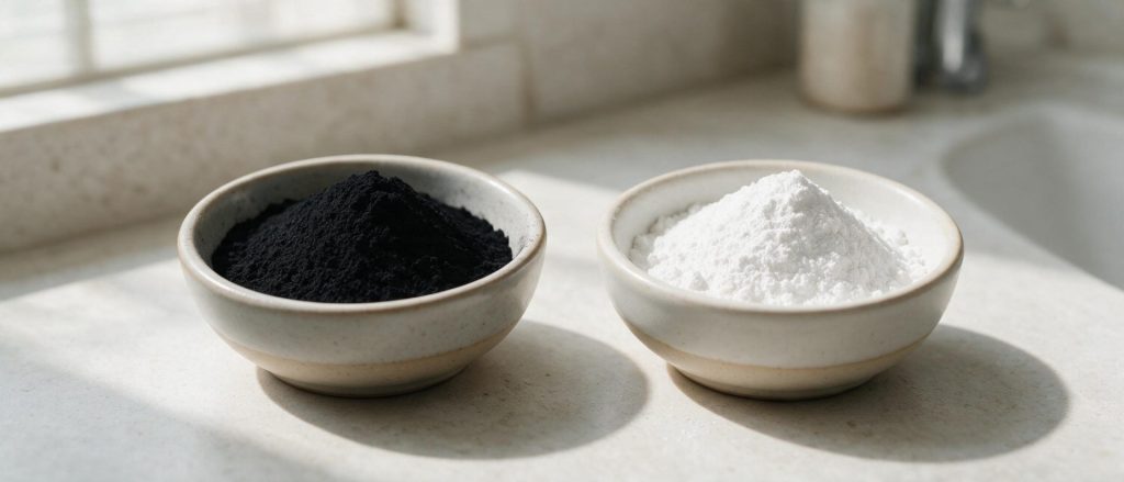 Activated charcoal powder next to white hydroxyapatite powder in matching bowls