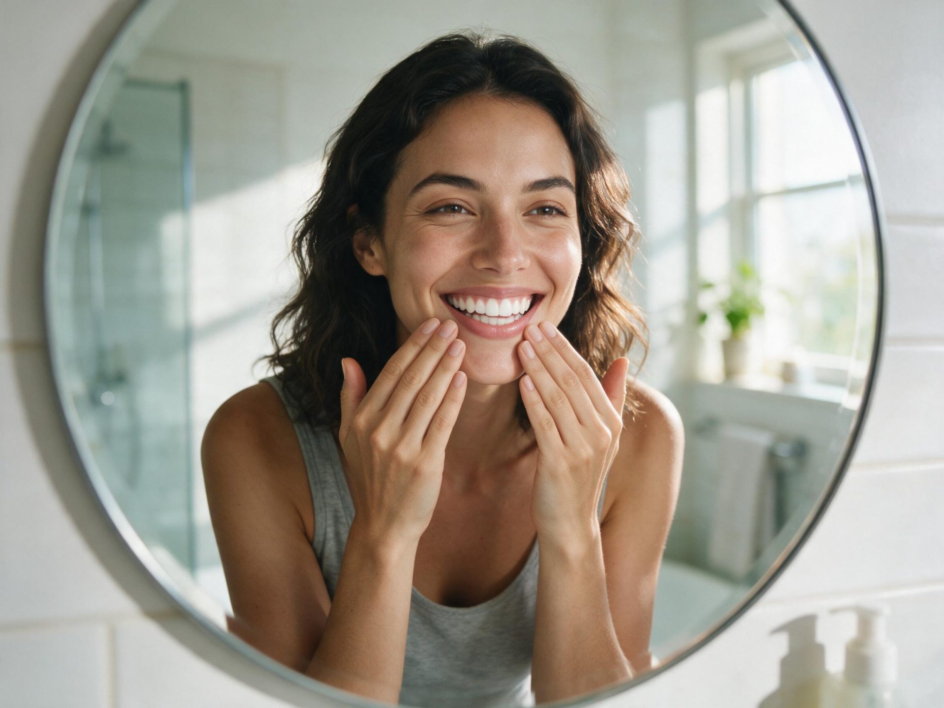 Woman checking her whitened smile in a bathroom mirror after brushing