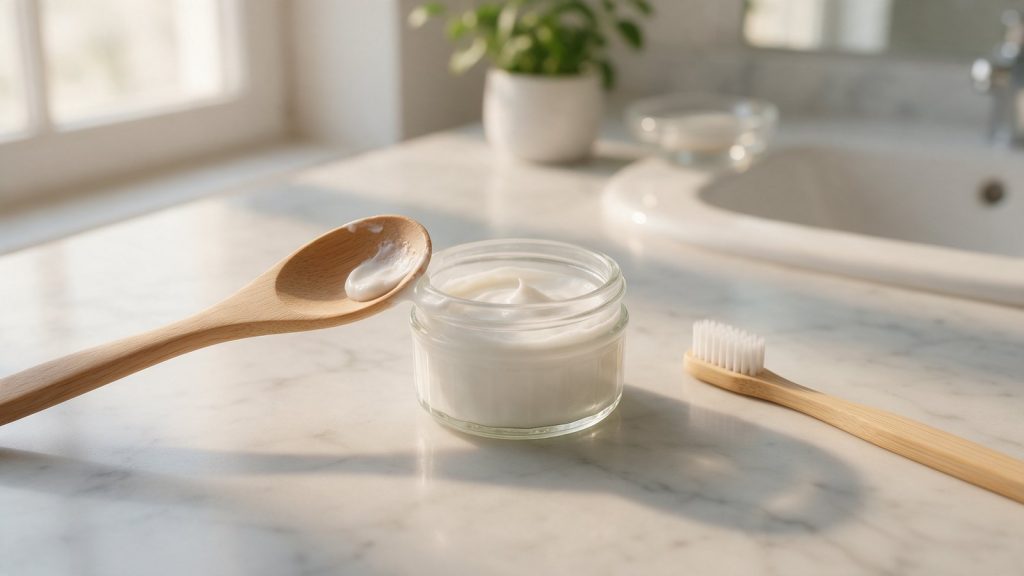 Dentifrice maison dans un pot en verre sur un plan de salle de bain avec une brosse à dents en bambou