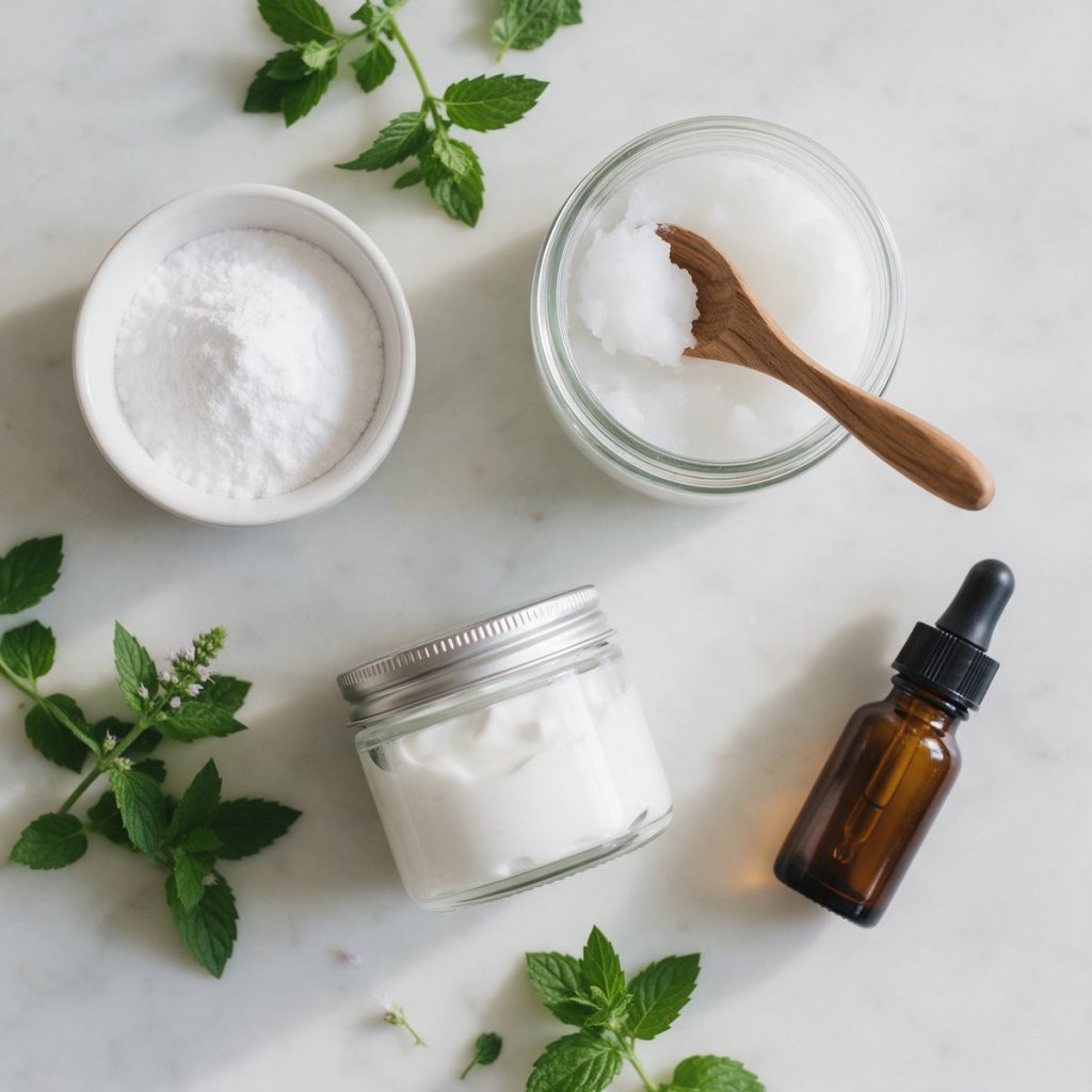 Homemade toothpaste ingredients: baking soda, coconut oil, hydroxyapatite powder and peppermint oil on a marble surface