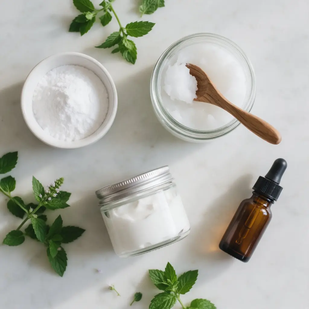 Homemade toothpaste ingredients: baking soda, coconut oil, hydroxyapatite powder and peppermint oil on a marble surface