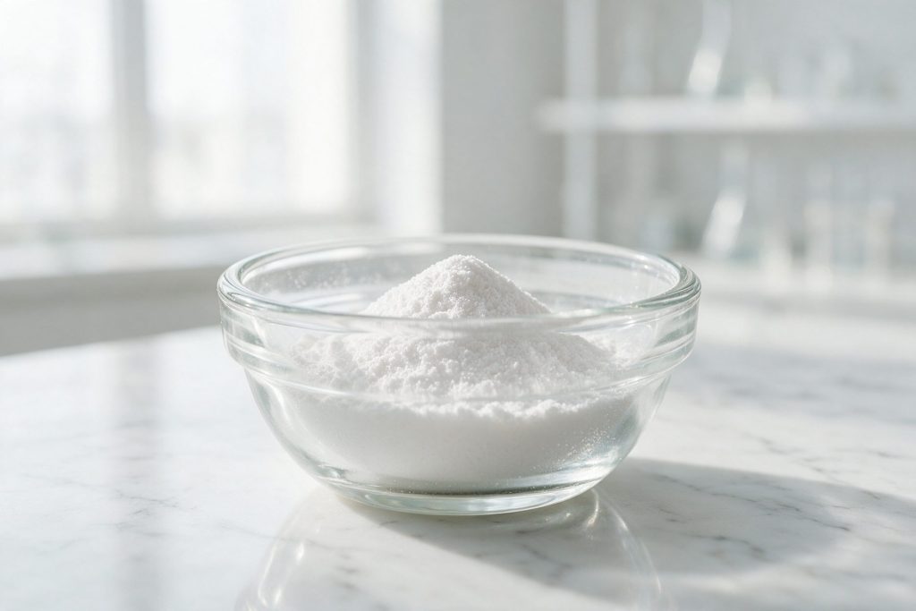 Feines weißes Hydroxylapatit-Pulver in einer Glasschale – das Mineral, aus dem Zahnschmelz besteht