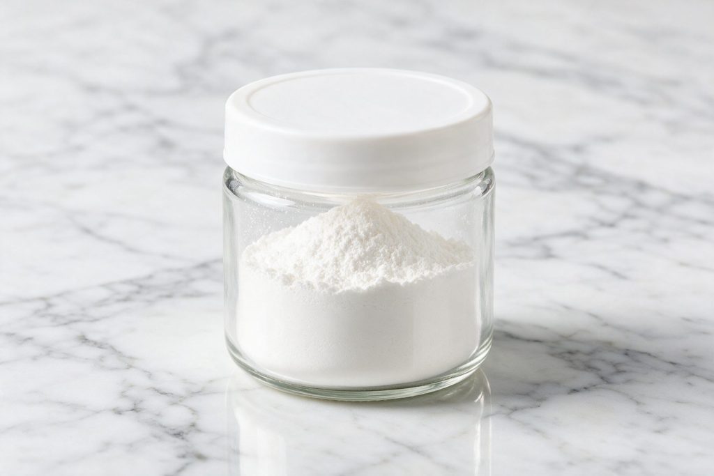 Reines Hydroxylapatit-Pulver in einem Glasgefäß – 100 % reines Hydroxylapatit-Pulver ohne Zusatzstoffe