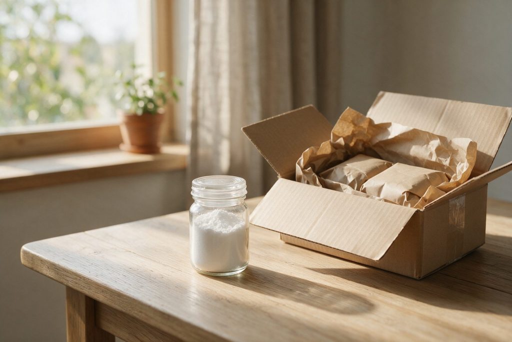 Hydroxylapatit Pulver aus der Apotheke oder online: weißes Mineralpulver im Glas neben Versandkarton