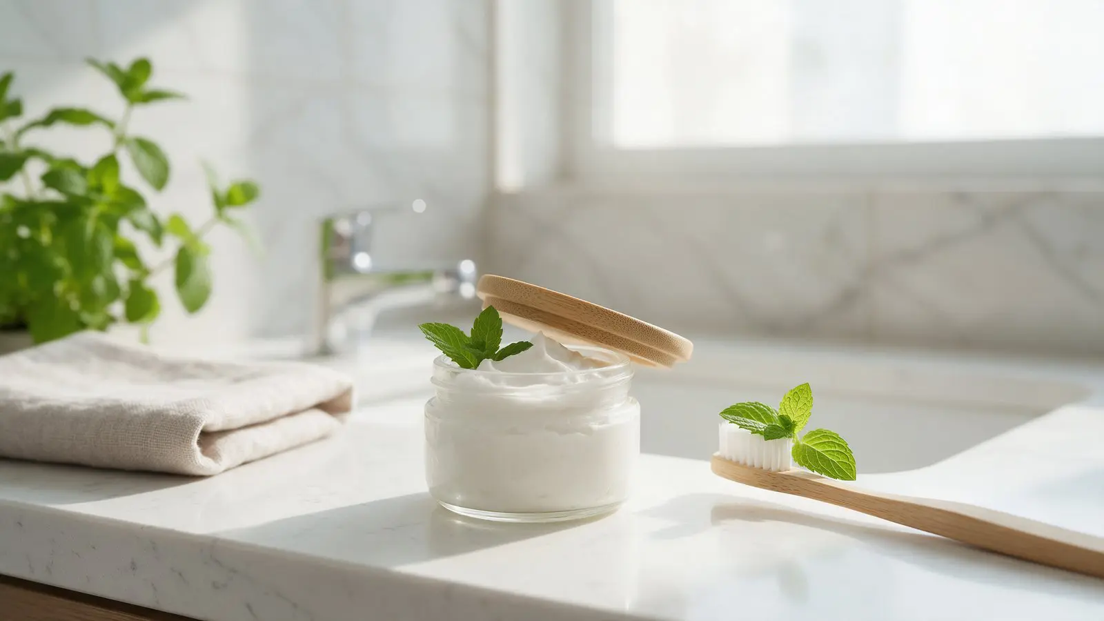 A small glass jar of homemade toothpaste beside a bamboo toothbrush on a bright bathroom counter