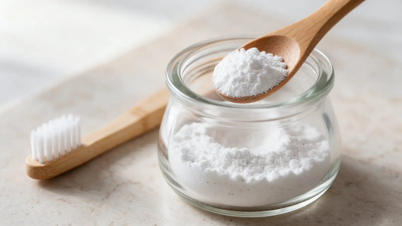 Fine white hydroxyapatite tooth powder lifted from a glass jar with a small wooden scoop