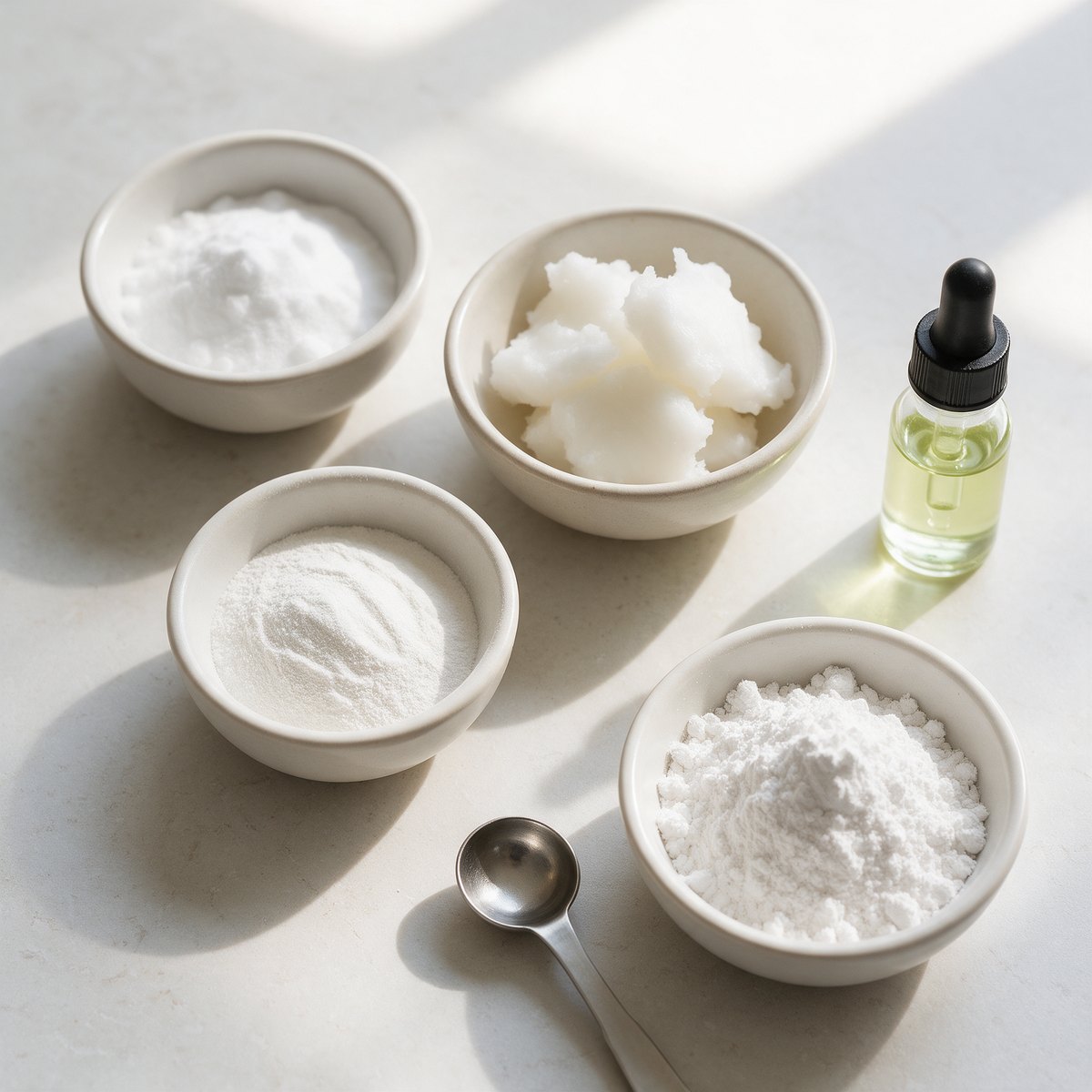 Ingrédients pour dentifrice maison : bicarbonate de soude, poudre d'hydroxyapatite, huile de coco, argile kaolin et huile essentielle de menthe poivrée