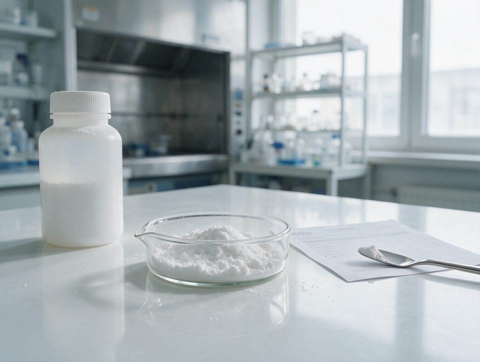 Laborflasche mit Hydroxylapatit als Rezeptursubstanz und Analysezertifikat auf einem Labortisch