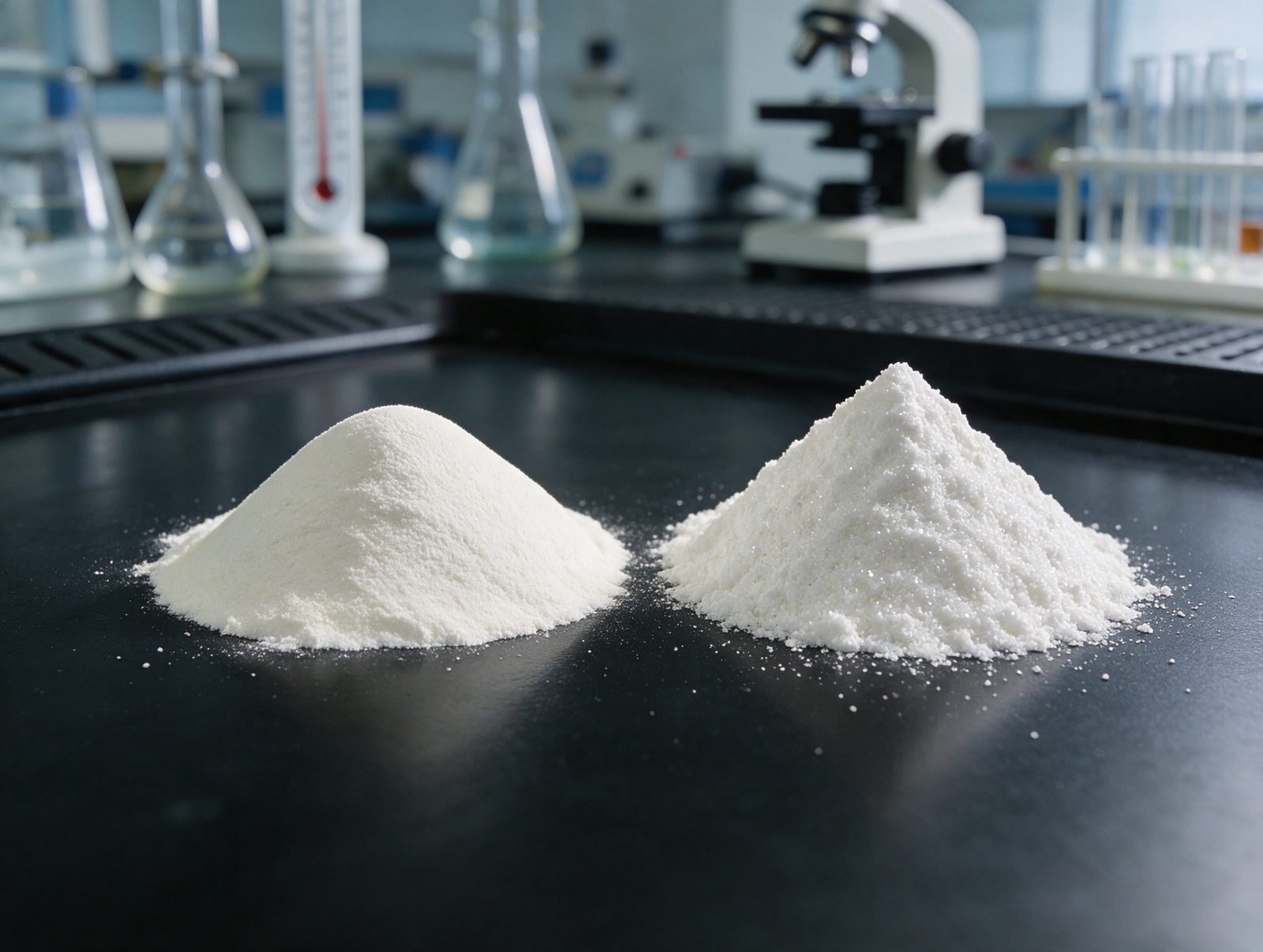 Zwei Korngrößen im Vergleich: nano (60 nm) und 40 Mikron Hydroxylapatit-Pulver nebeneinander