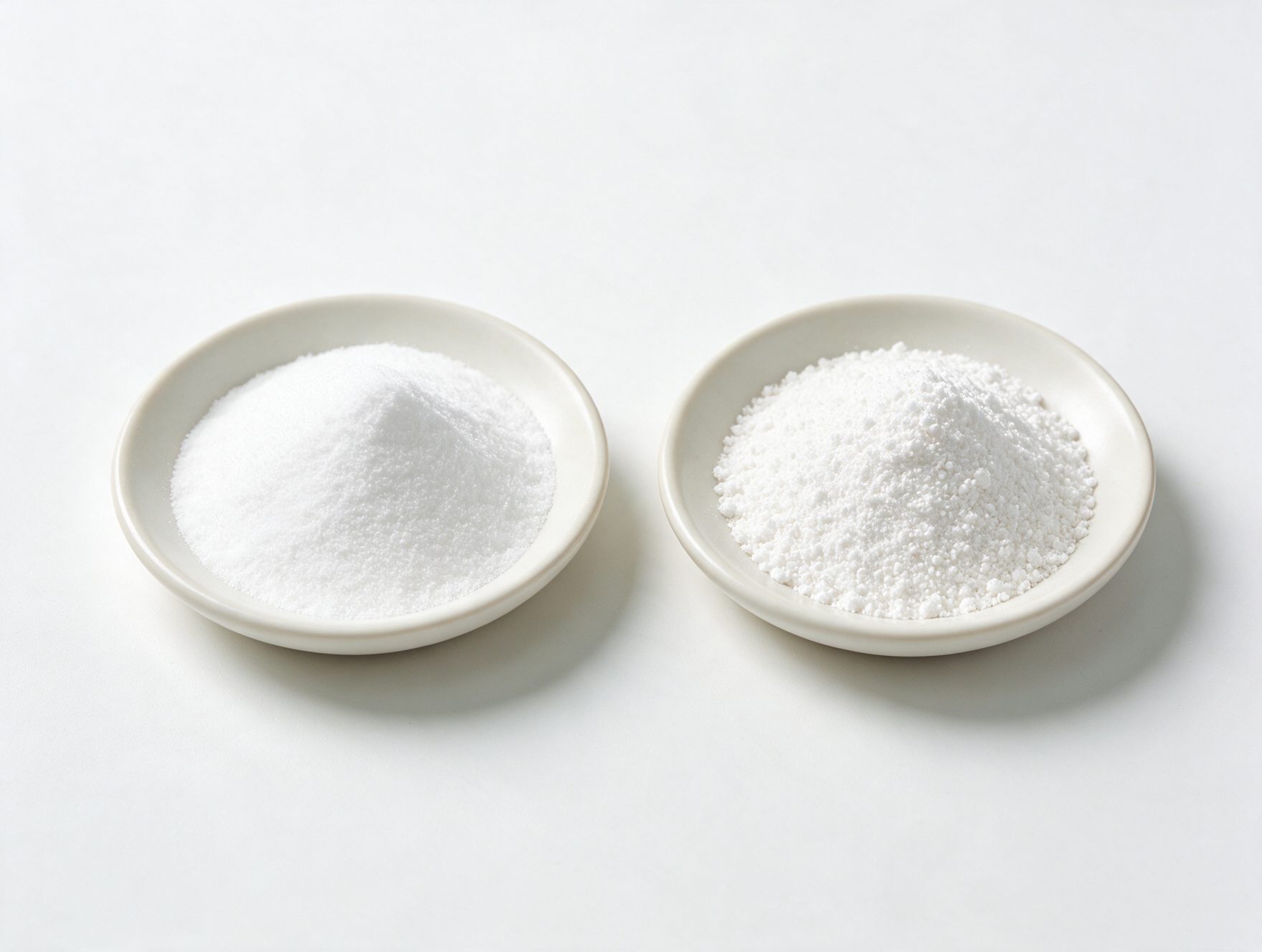 Zwei Keramikschalen mit Nano- und 40-Mikron-Hydroxylapatit-Pulver nebeneinander im Vergleich