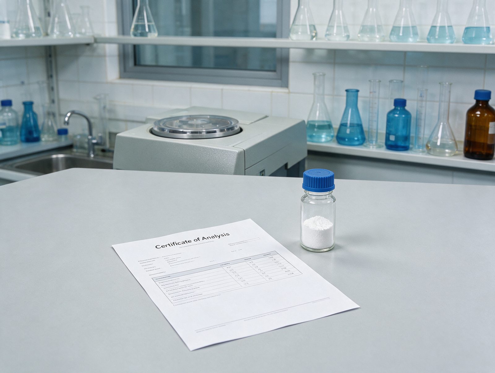 Analysezertifikat für Hydroxylapatit-Pulver neben einer Probe – Reinheitsprüfung im Labor