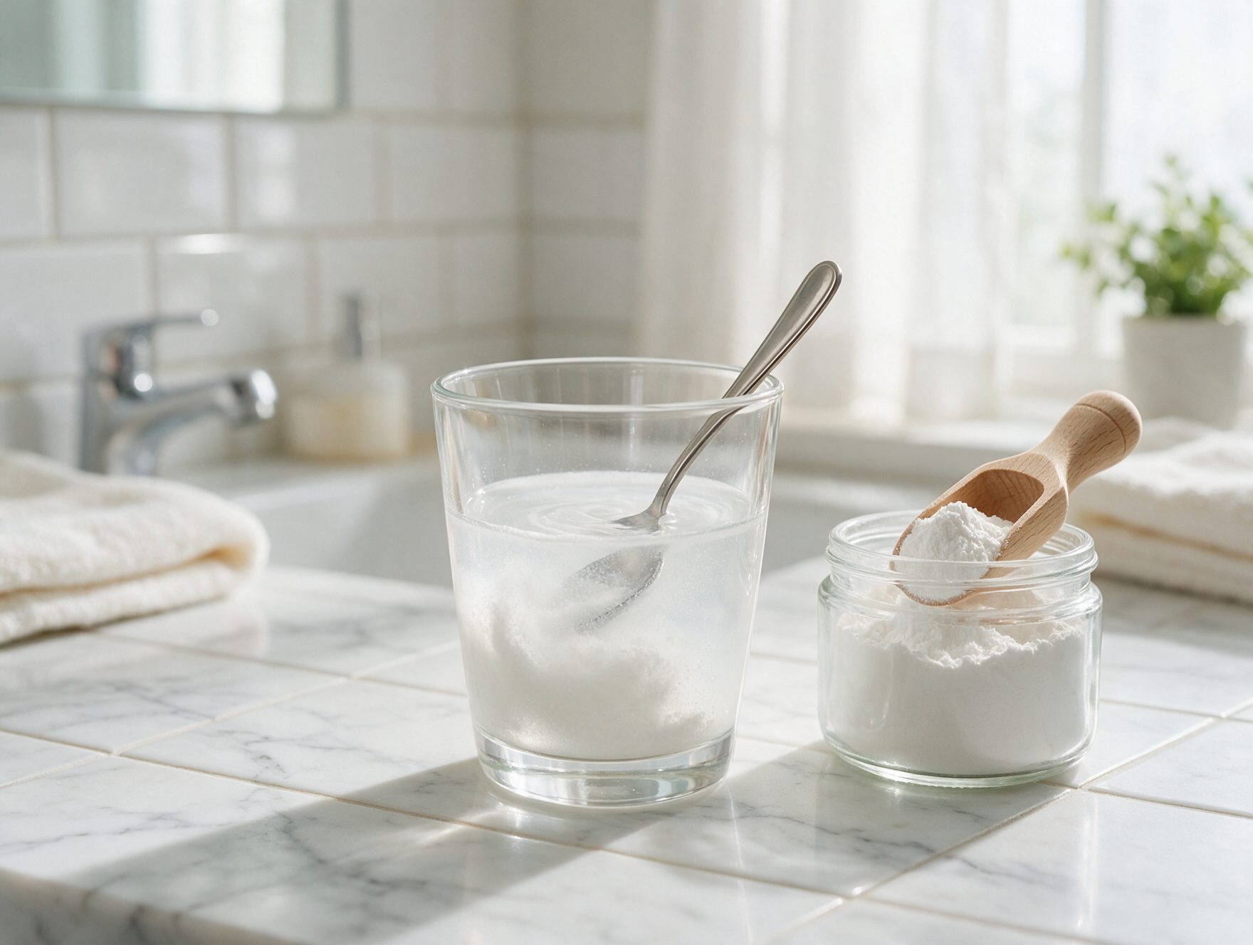 Milchige Suspension aus Hydroxylapatit-Pulver in einem Wasserglas neben Vorratsglas und Dosierlöffel