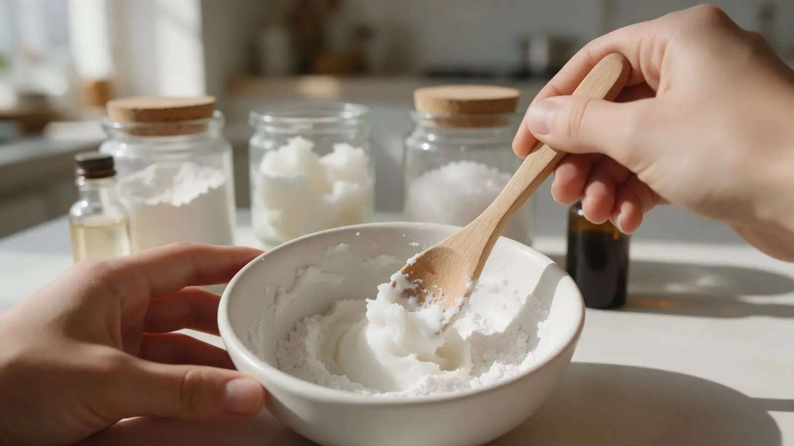 Hands mixing baking soda and coconut oil into a smooth homemade toothpaste paste in a white ceramic bowl