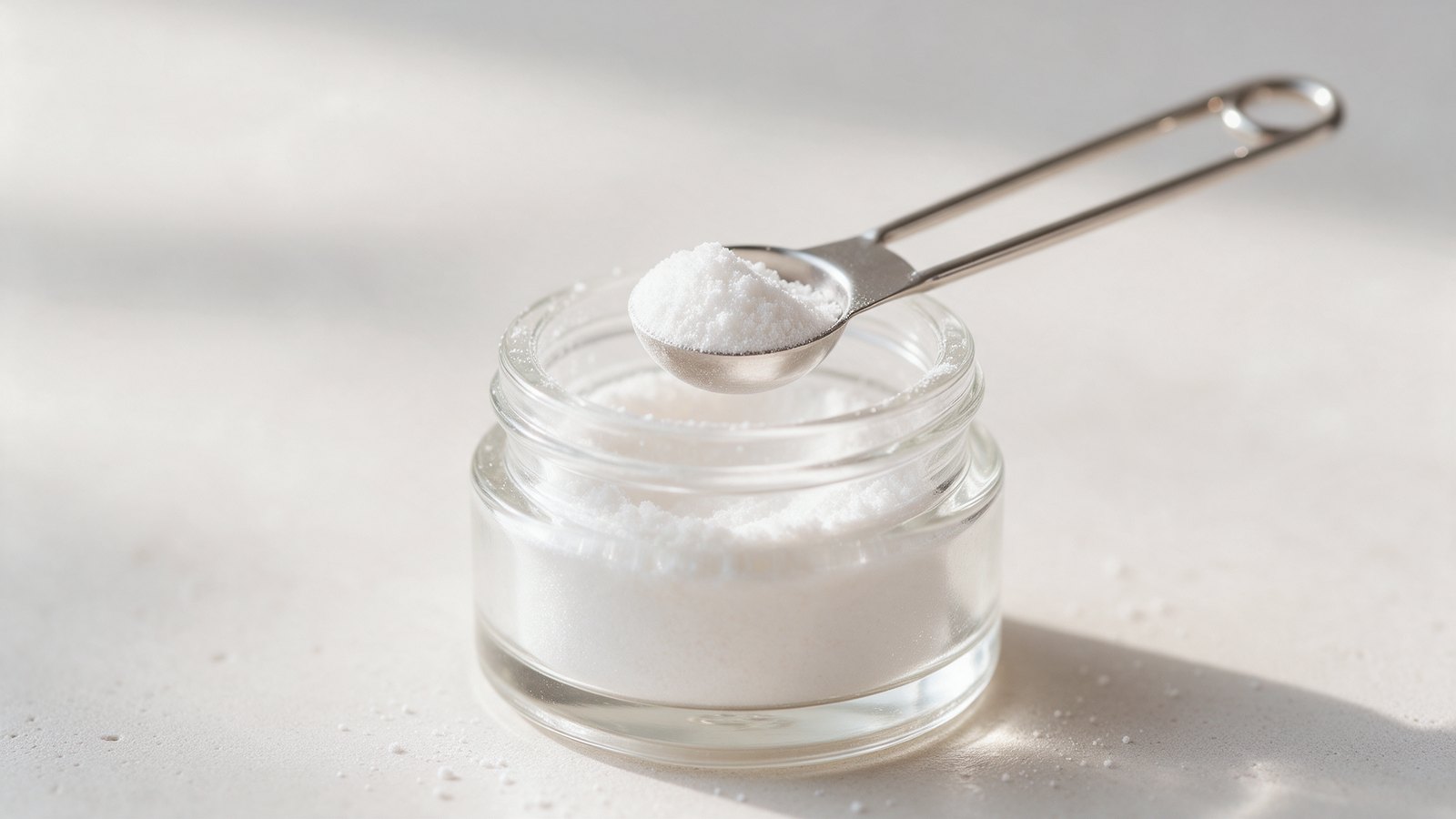 Poudre blanche d'hydroxyapatite dans un pot en verre avec une micro-cuillère en acier inoxydable