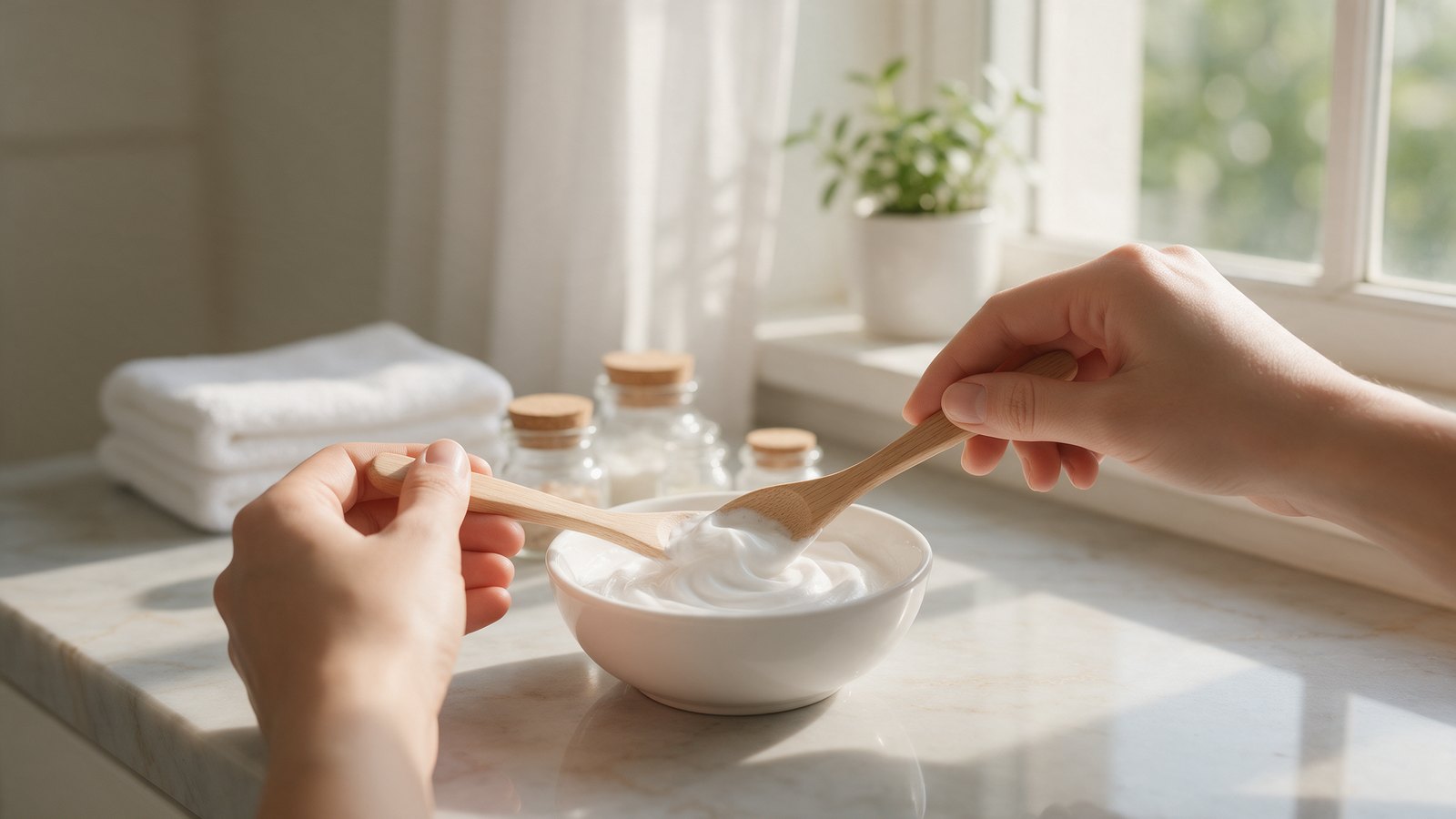 Mains mélangeant un dentifrice maison dans un petit bol en céramique avec une cuillère en bois