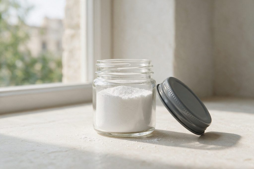 Ist Hydroxylapatit schädlich? Reines weißes Hydroxylapatit-Pulver in einem Glasgefäß auf hellem Stein