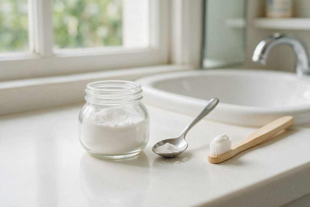 Hydroxylapatit Pulver oder Zahnpasta: loses Pulver im Glas neben einer Zahnbürste mit Paste
