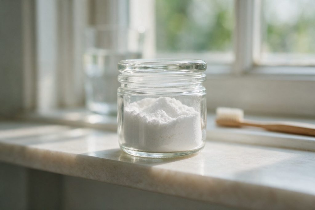 Hydroxylapatit bei empfindlichen Zähnen: weißes Mineralpulver im Schraubglas auf der Fensterbank im Bad, daneben eine Holzzahnbürste