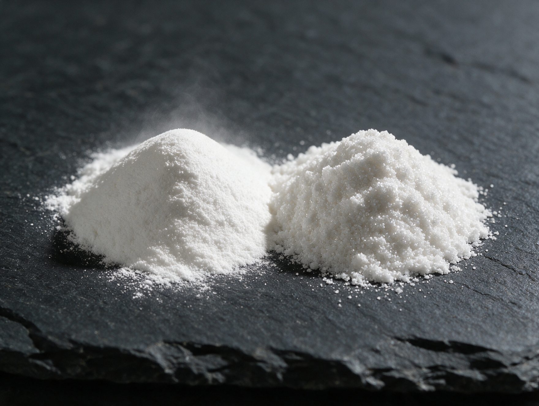 Zwei Körnungen Hydroxylapatit-Pulver nebeneinander auf Schiefer: ultrafein und 40 Mikron