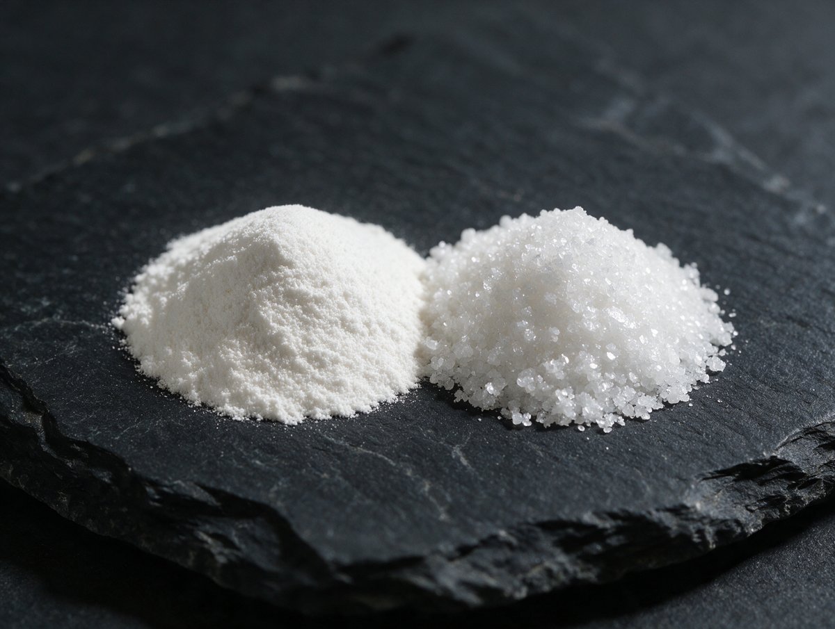 Zwei Körnungen Hydroxyapatit-Pulver nebeneinander auf Schiefer: nano ultrafein und 40 Mikron körnig