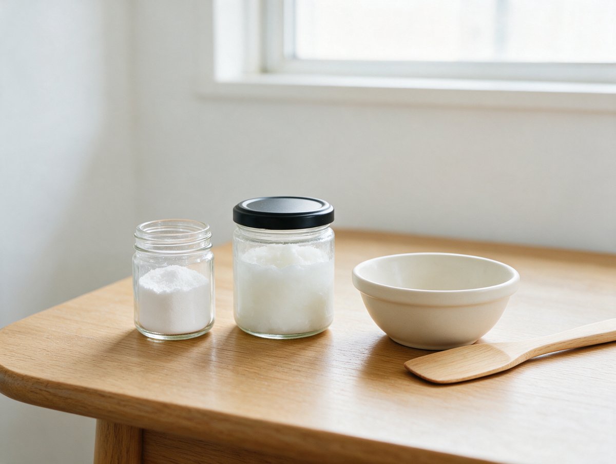 Glasgefäß mit Hydroxyapatit-Pulver, Kokosöl und Schälchen zum Selbermischen von Zahnpasta auf Holz