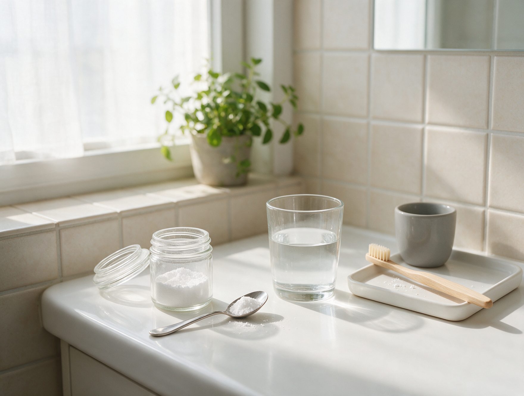 Badezimmer-Szene mit kleinem Glas Hydroxylapatit-Pulver, Teelöffel und Wasserglas zum Dosieren