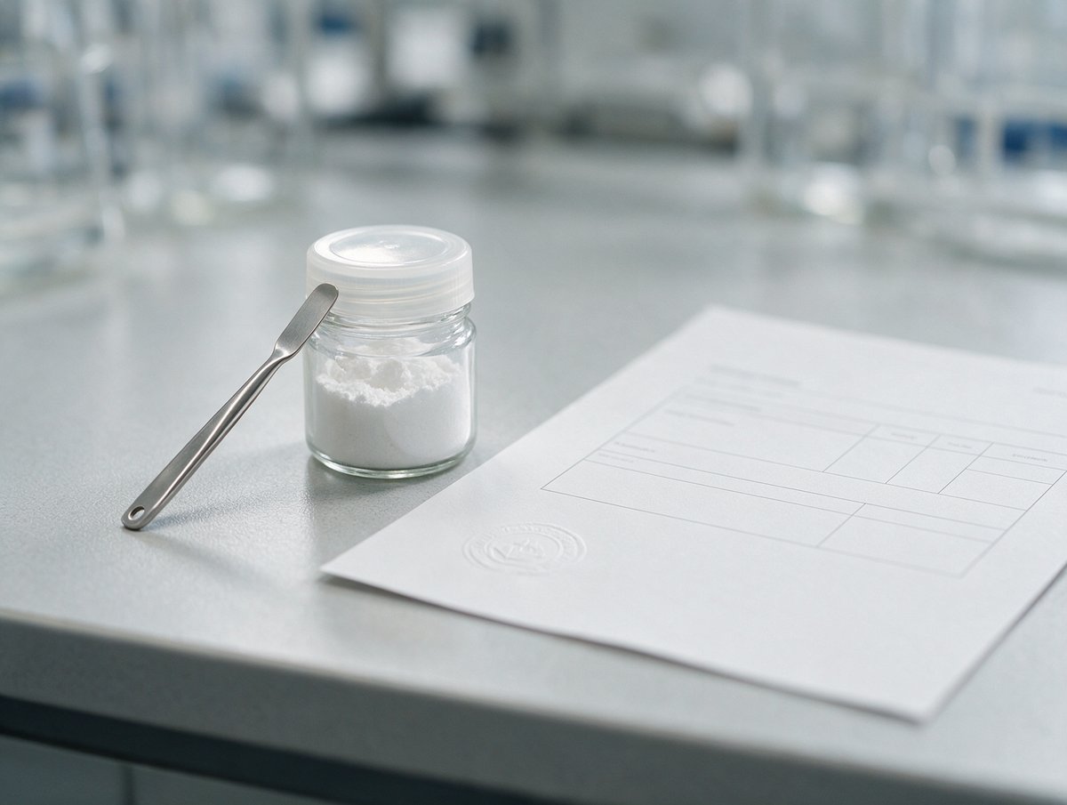 Laborszene: Analysezertifikat mit leeren Tabellenzeilen neben Glasgefäß mit Hydroxyapatit-Pulver