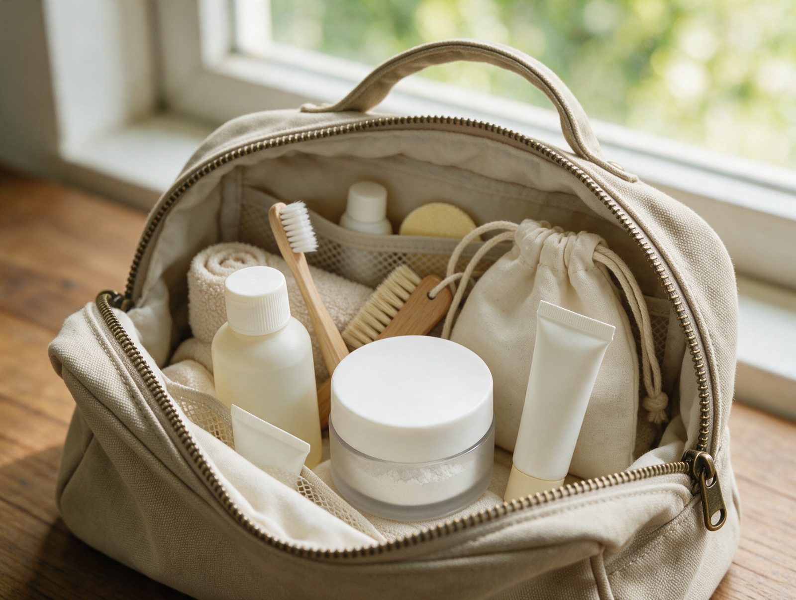 Kleines Reisegefäß mit Hydroxylapatit-Pulver verpackt in einer offenen Kulturtasche
